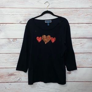 Karen Scott 3/4 Sleeve Black Red Hearts Valentine’s Day Shirt XL